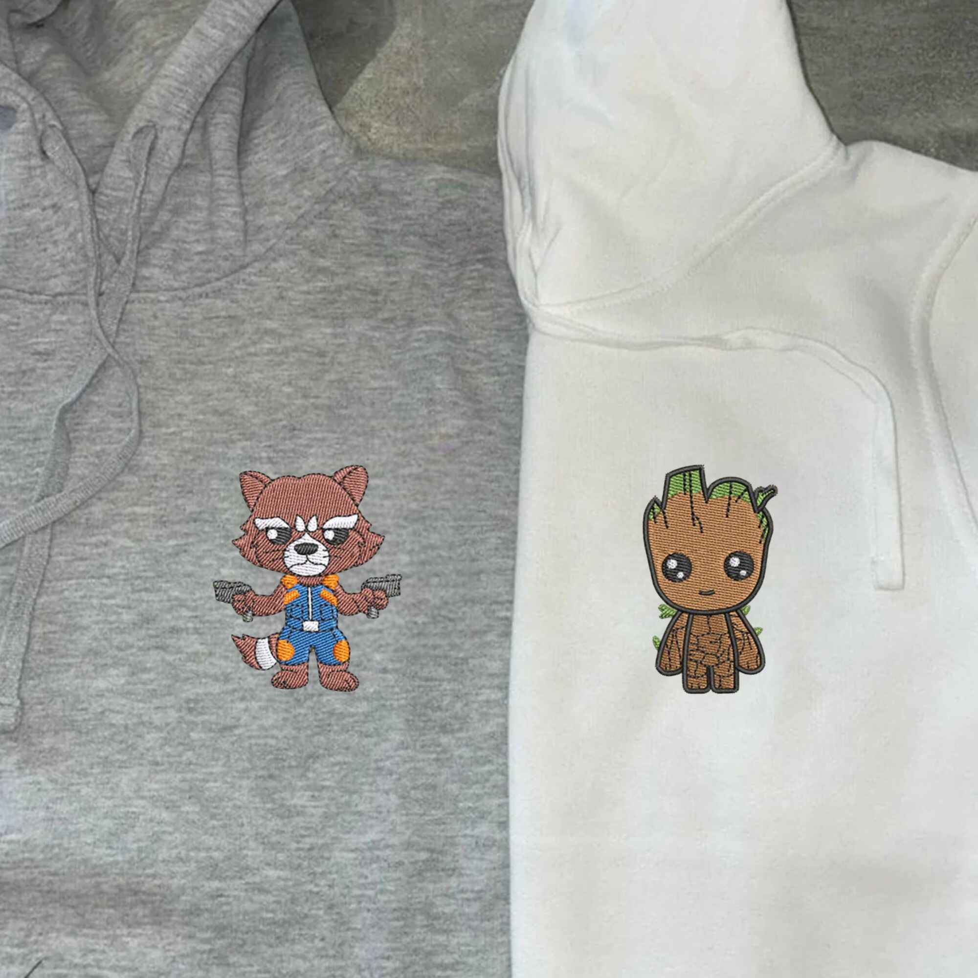 Cute Groot & Rocket couple hoodies in black and pink.
