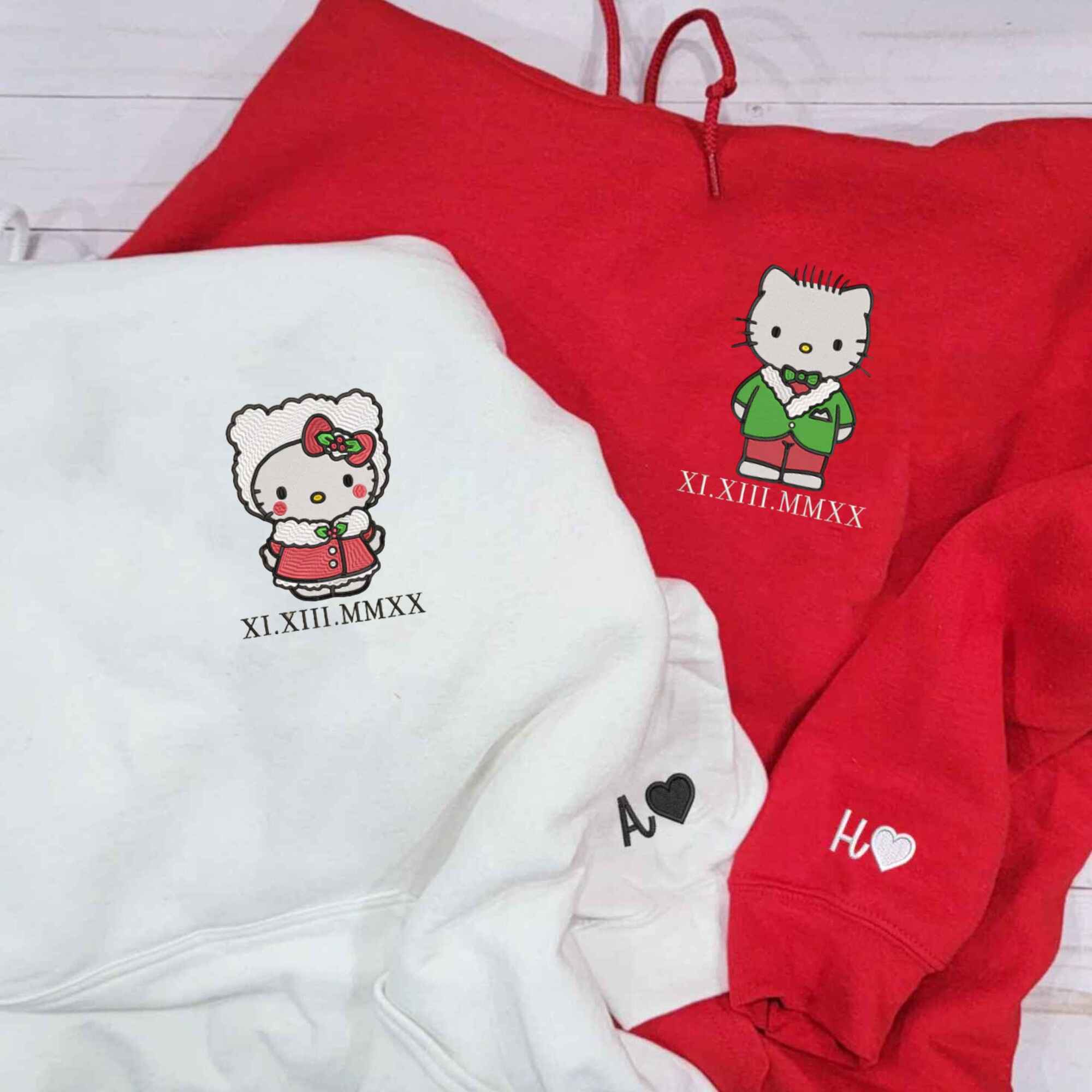 Cute Hello Kitty embroidered couple hoodies for matching outfits.
