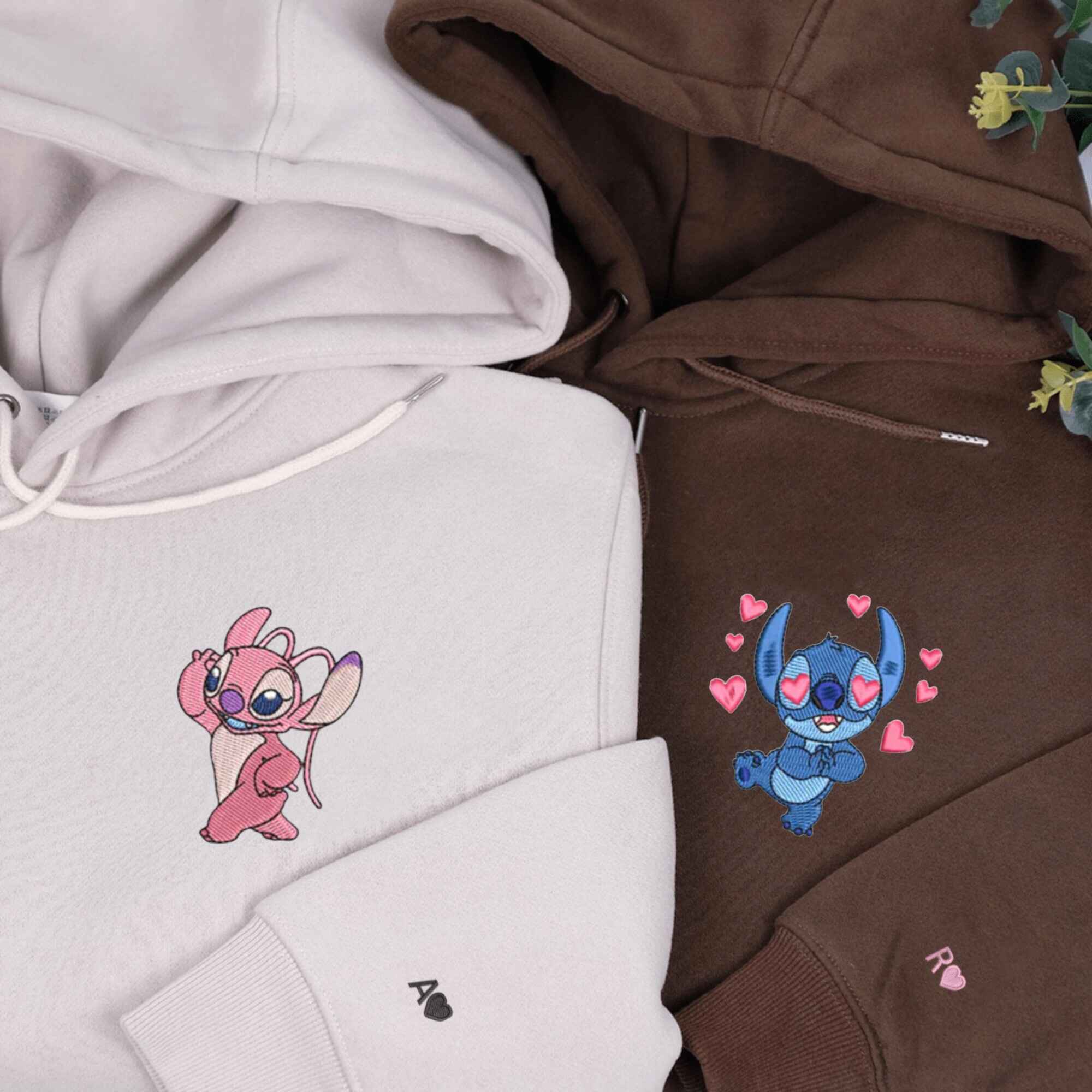 Stitch & Angel embroidered couple sweatshirts for couples.
