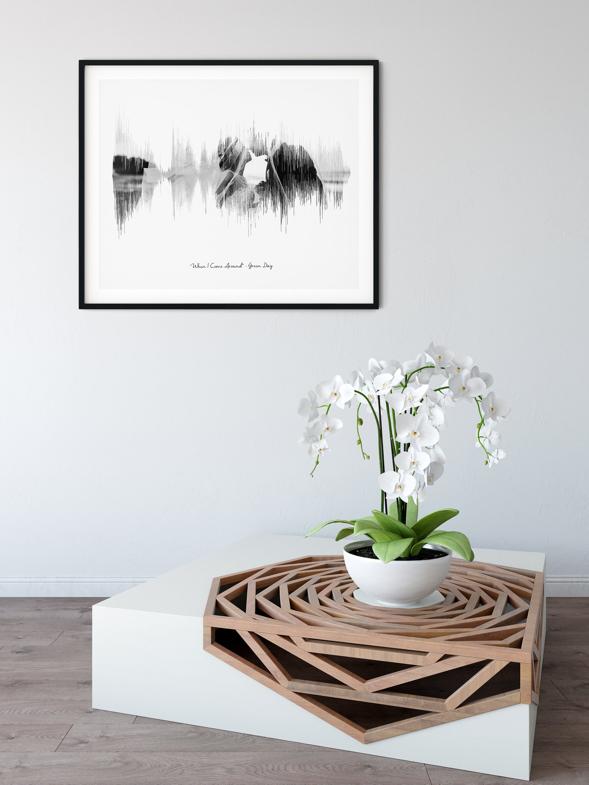 Custom photo sound wave wall art featuring wedding photo and personalized sound wave design

