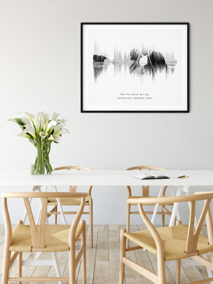 Custom photo sound wave wall art featuring wedding photo and personalized sound wave design

