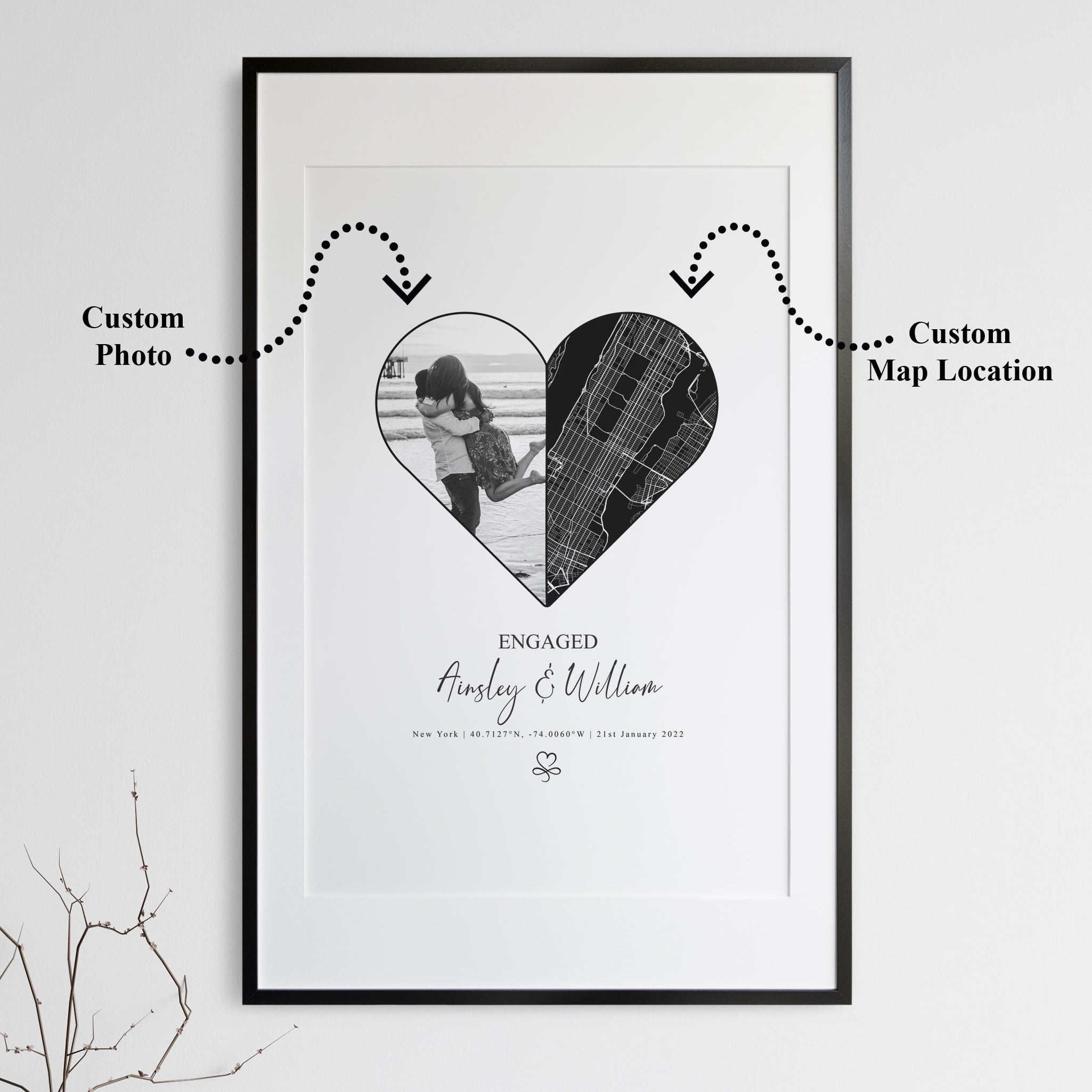 Custom love story artwork featuring wedding photo and map
