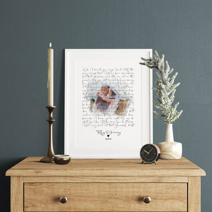 Personalized first dance wall art featuring wedding photo and custom song lyrics
