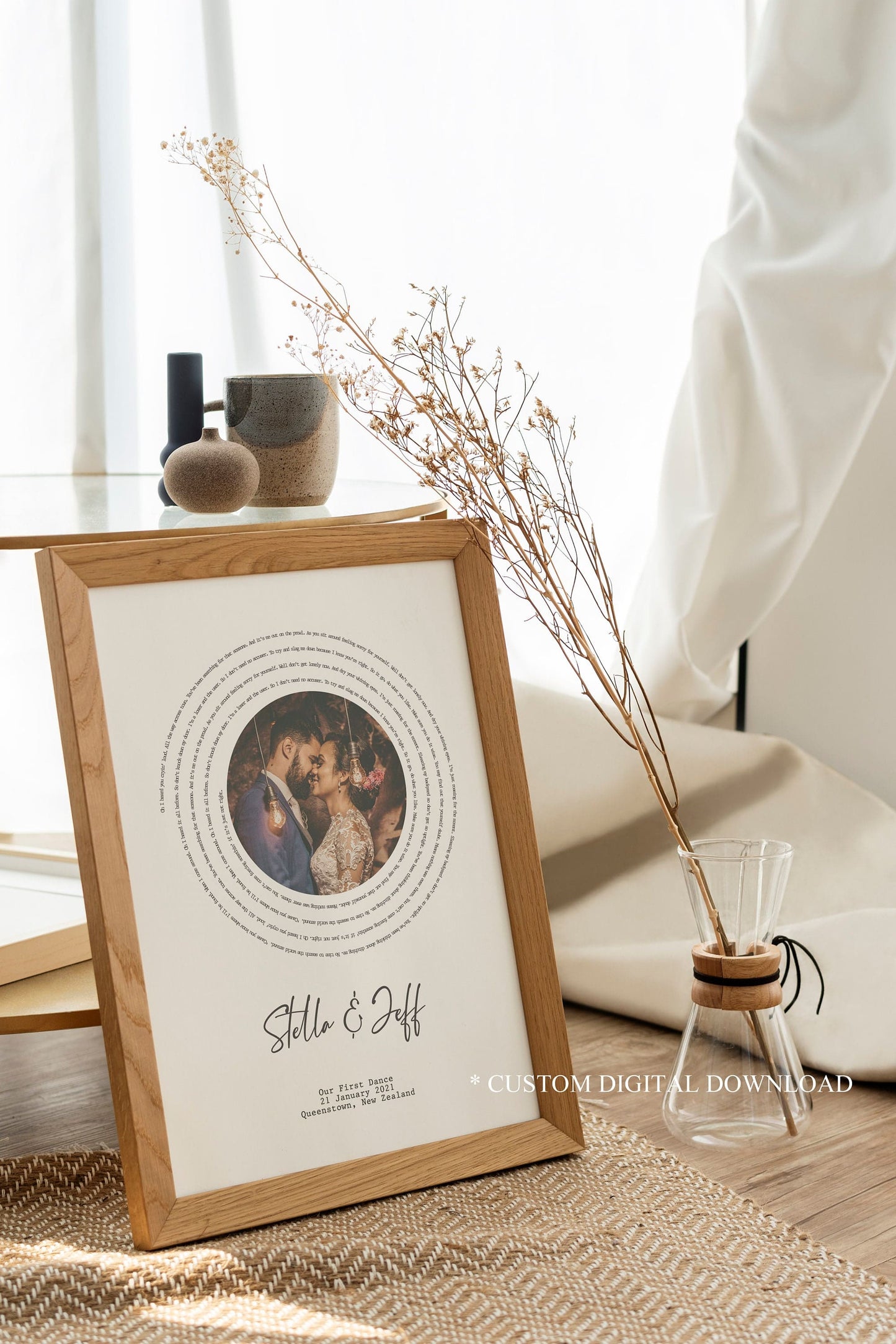 Unique wedding keepsake with personalized song lyrics and couple’s photo
