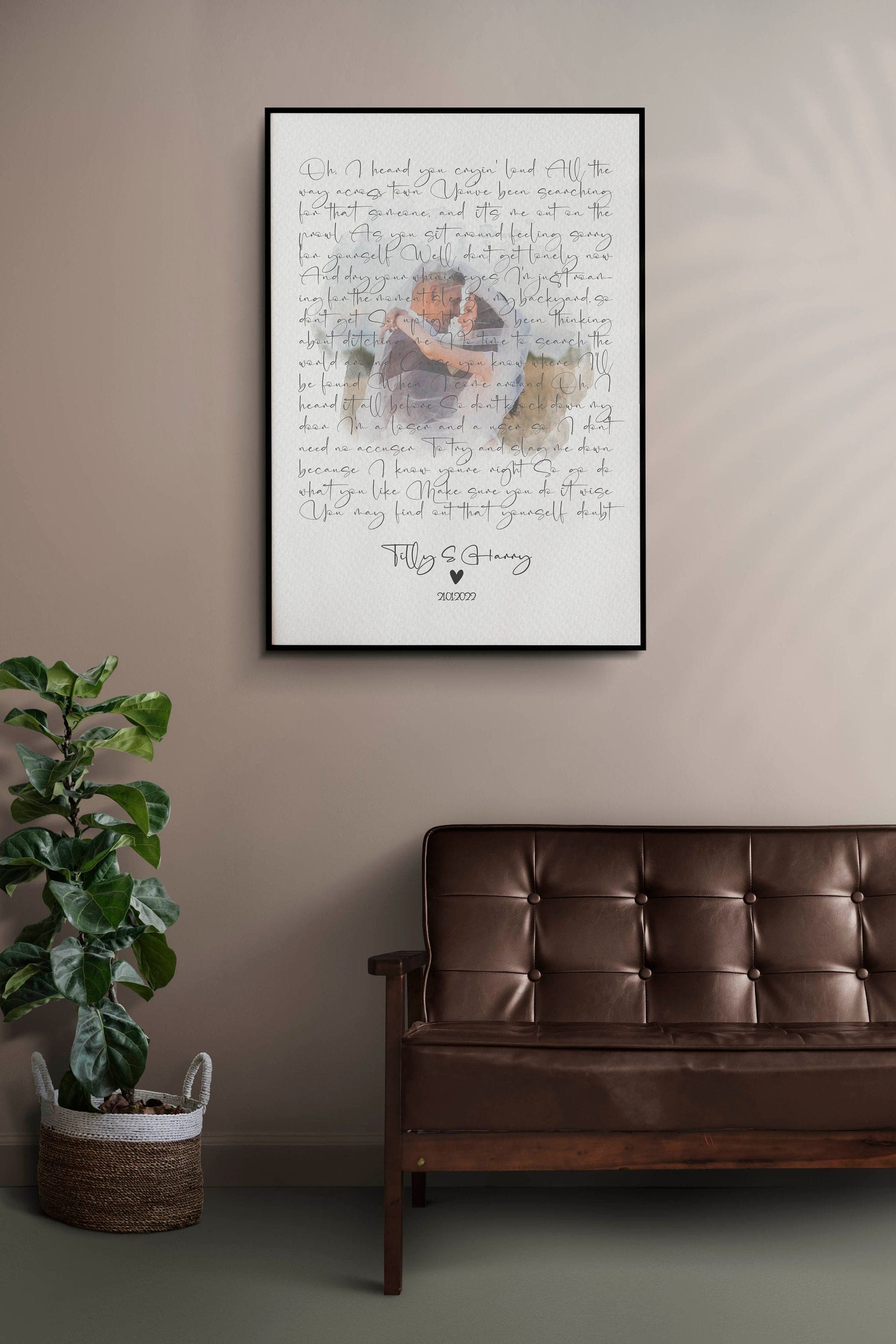 Custom wedding keepsake with first dance song lyrics and couple’s photo
