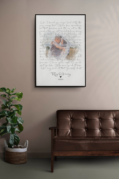 Custom wedding keepsake with first dance song lyrics and couple’s photo
