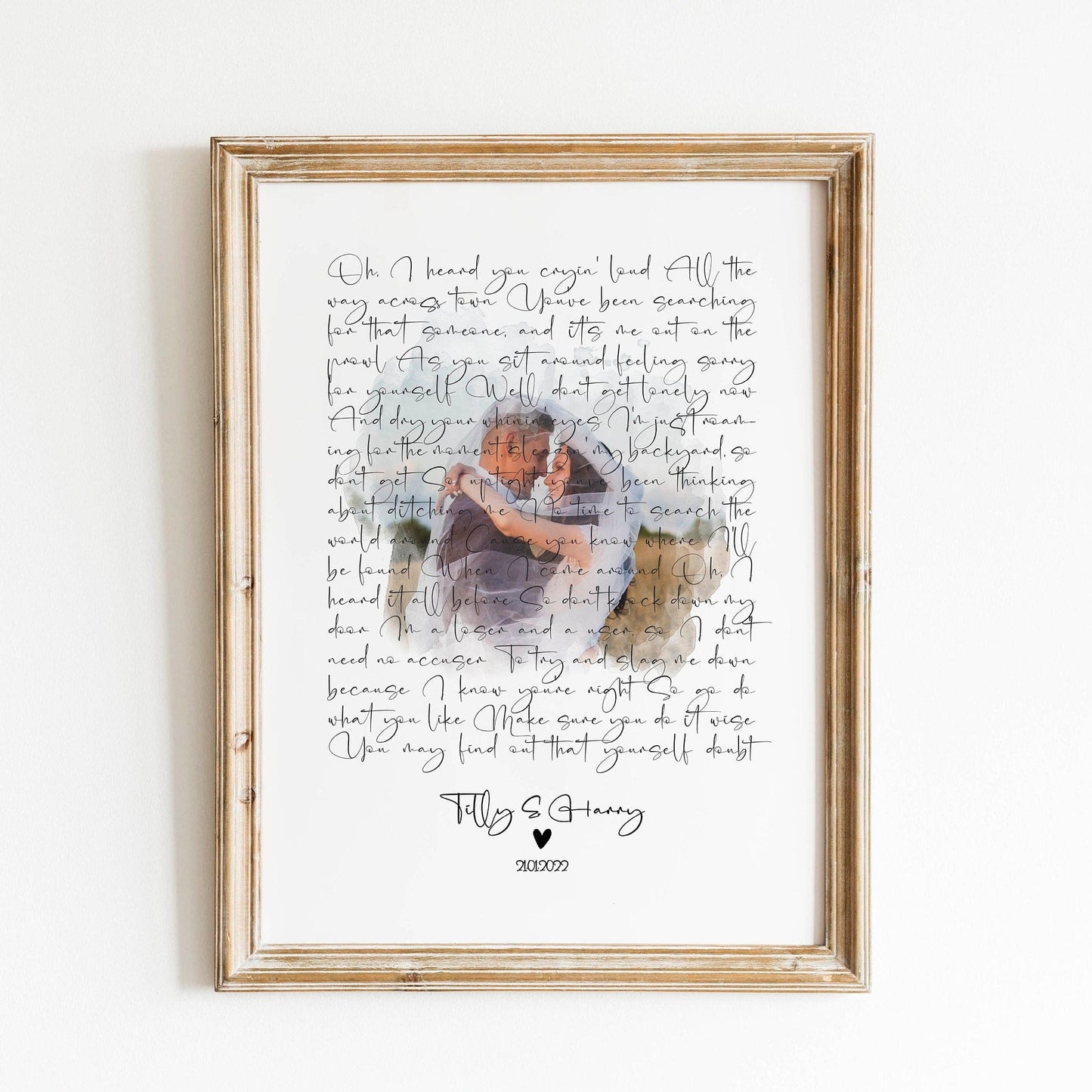 Custom first dance song lyrics wall art featuring personalized wedding photo and lyrics

