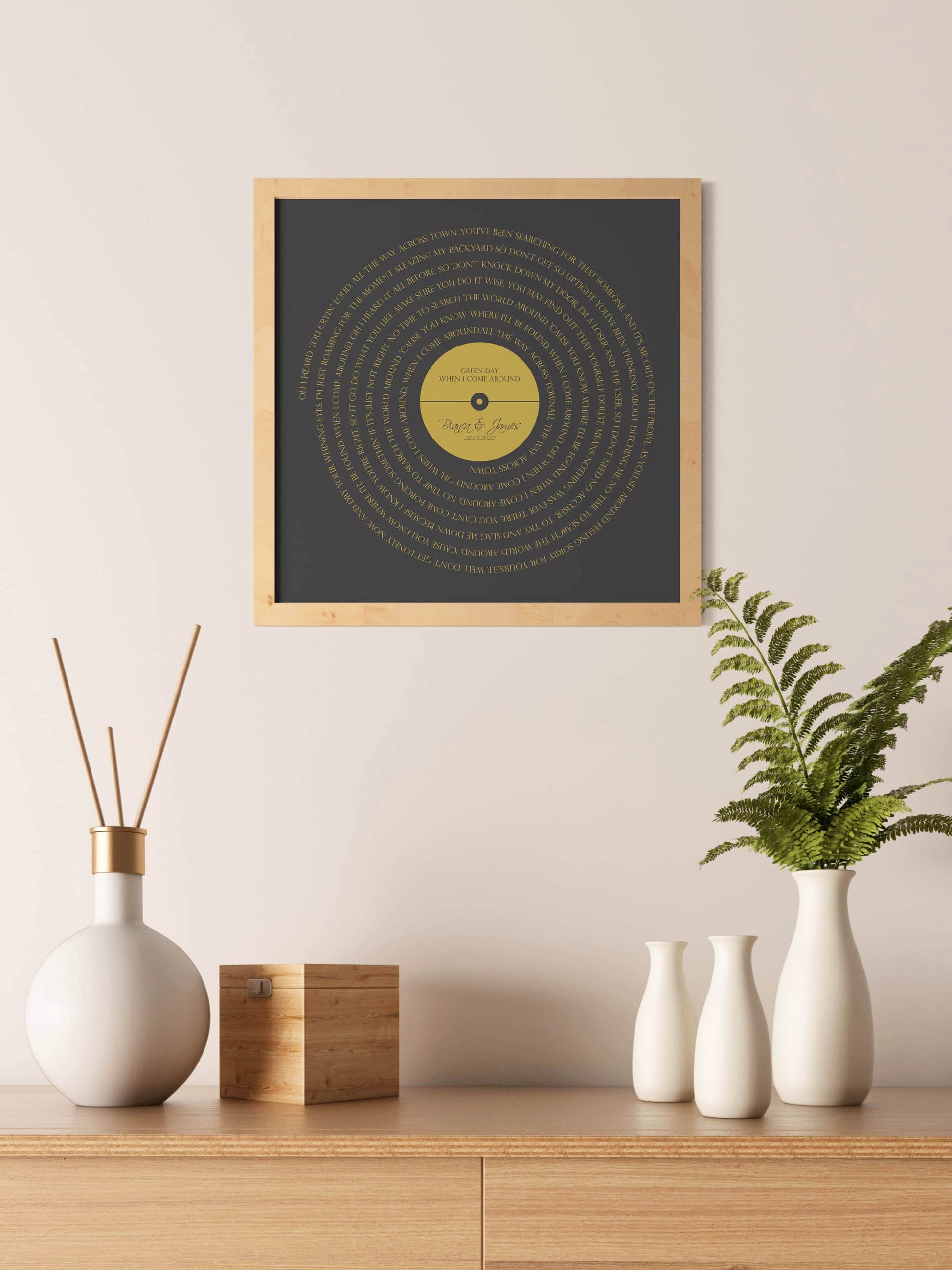 Custom music lyrics wall art in vinyl record design, ideal for music lovers
