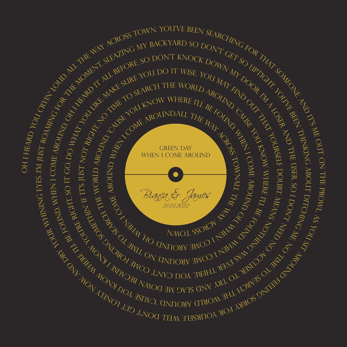 Personalized song lyrics vinyl record print, perfect for weddings and special occasions
