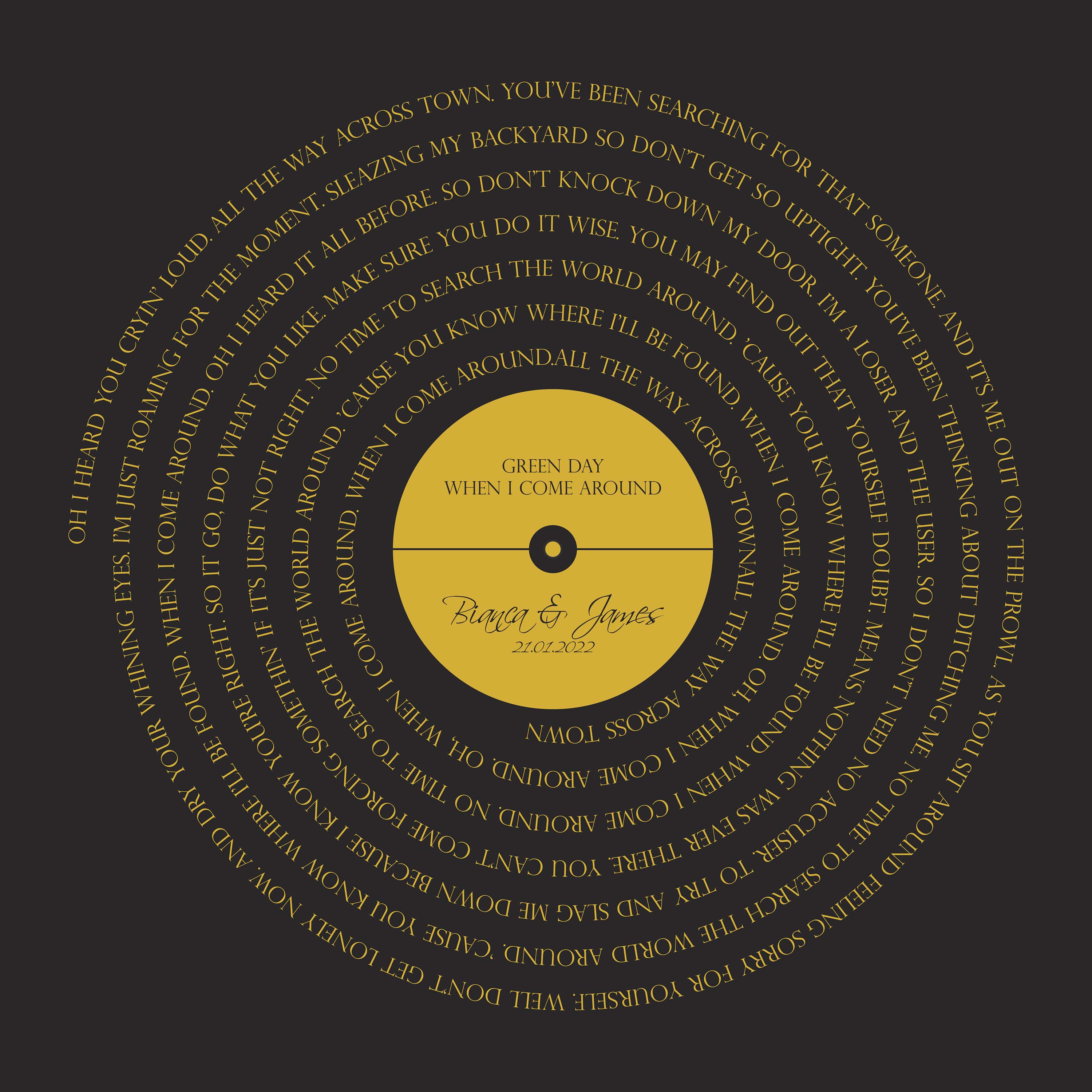 Personalized song lyrics vinyl record print, perfect for weddings and special occasions
