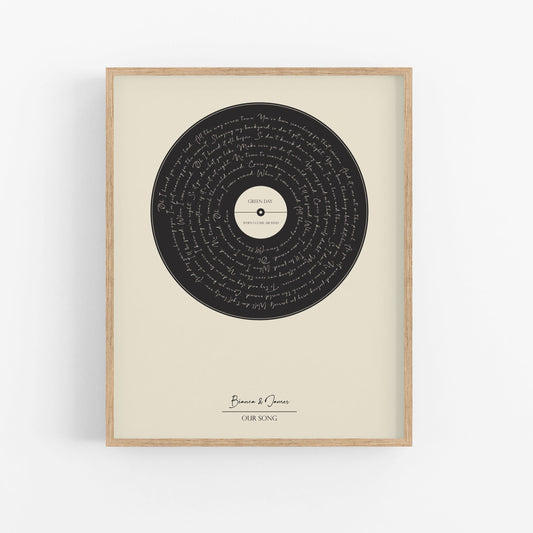 Custom song lyrics print in vinyl record design, perfect keepsake for music lovers
