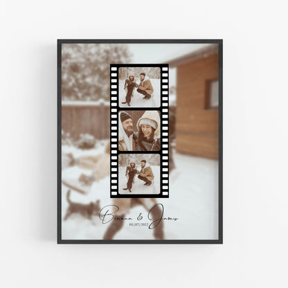 Personalized film strip wall art featuring custom photos, perfect gift for couples
