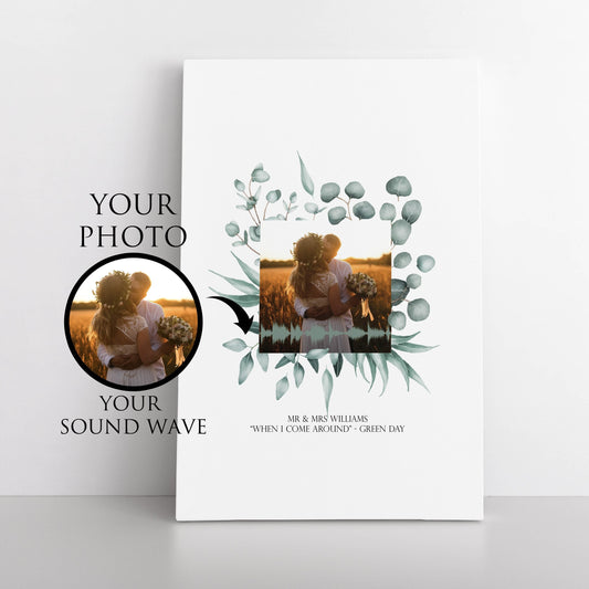 Custom photo and sound wave wall art featuring personalized wedding photo and song

