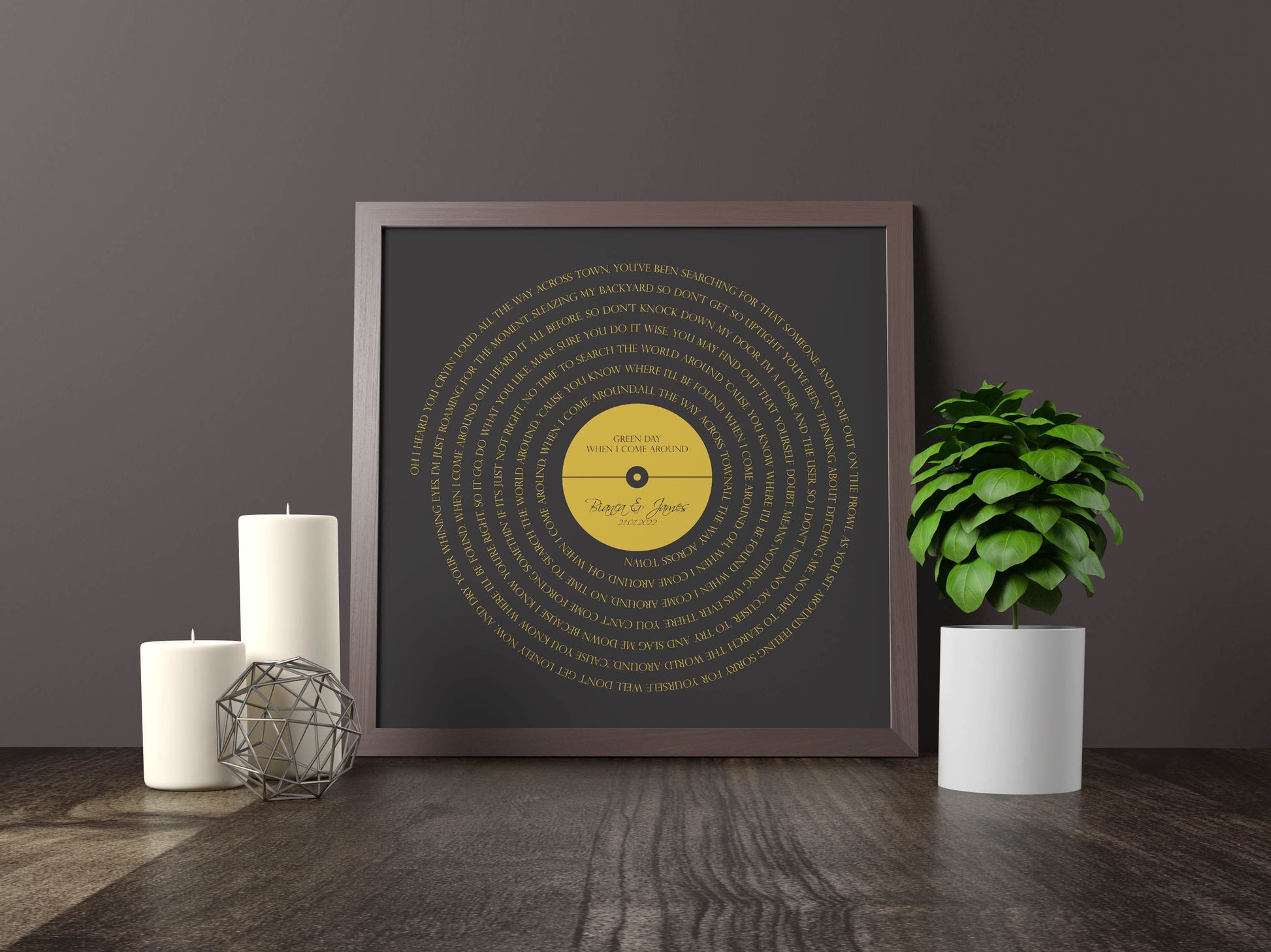 Custom song lyrics art in circular vinyl format, perfect gift for music lovers and couples






