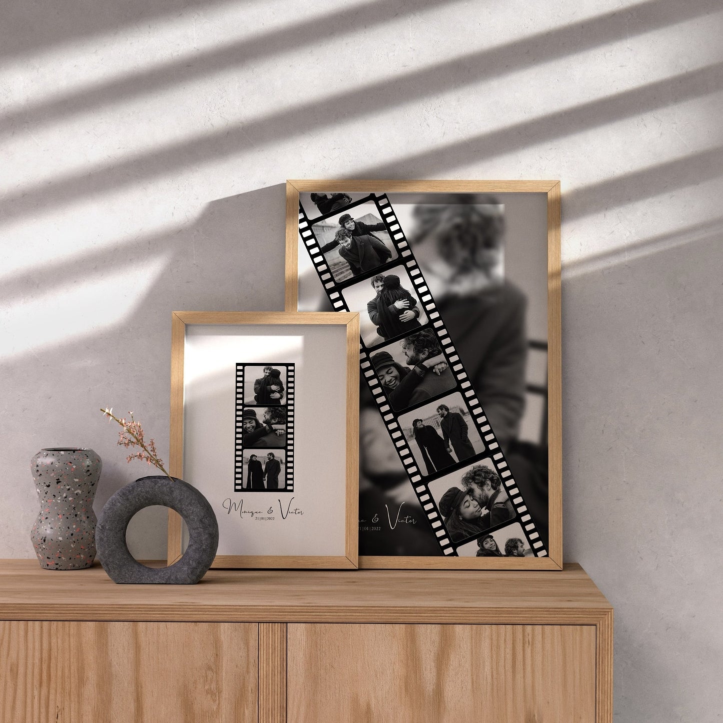 Custom photo film strip wall art featuring a personalized collage of couple's photos

