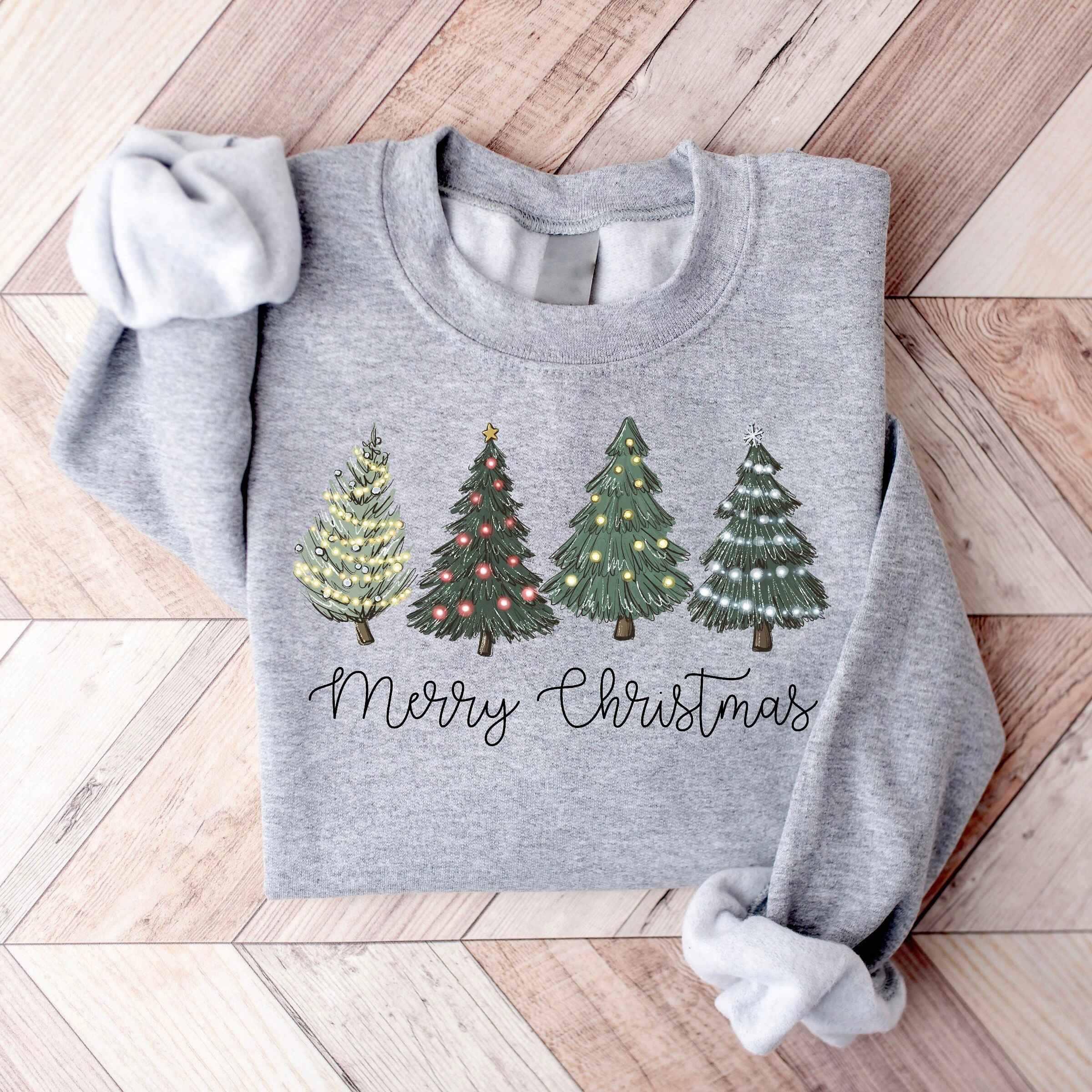 Customizable "Merry Christmas" sweatshirt with holiday tree lights
