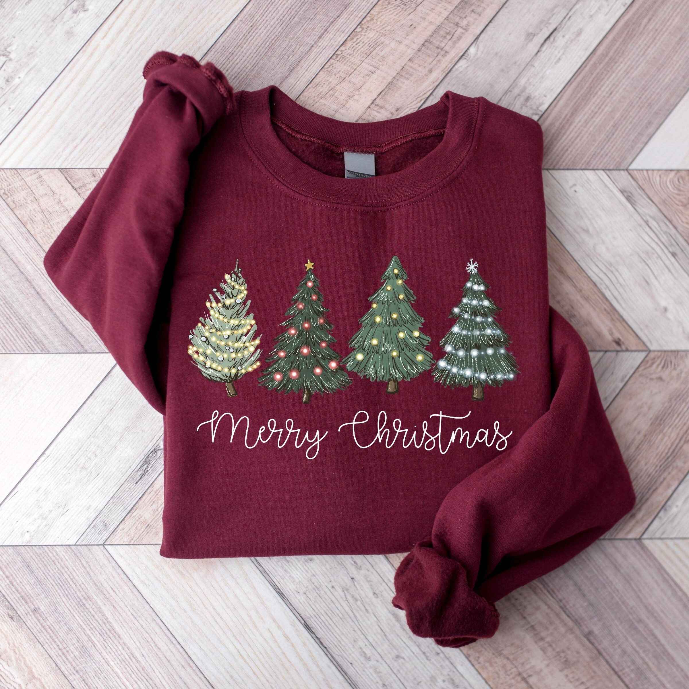 Cozy holiday sweatshirt with Christmas trees and lights design, customizable colors
