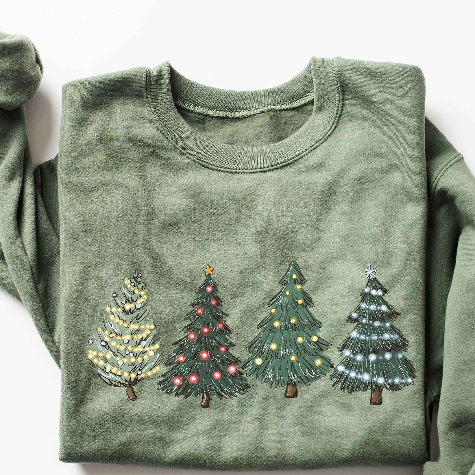 Cozy holiday sweatshirt with Christmas trees and lights design, customizable colors
