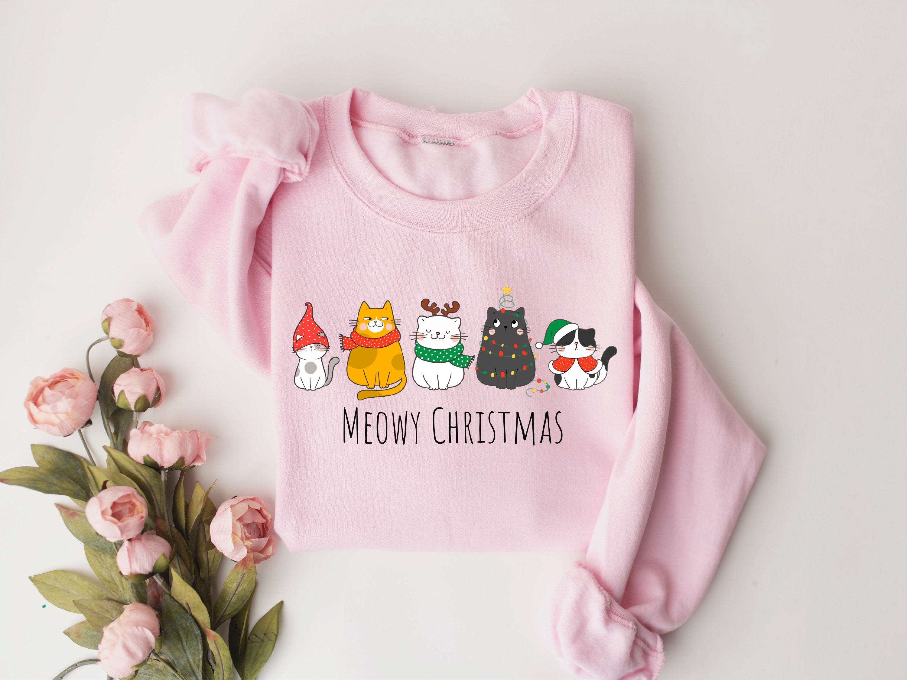 Customizable holiday sweatshirt featuring cute Christmas cats
