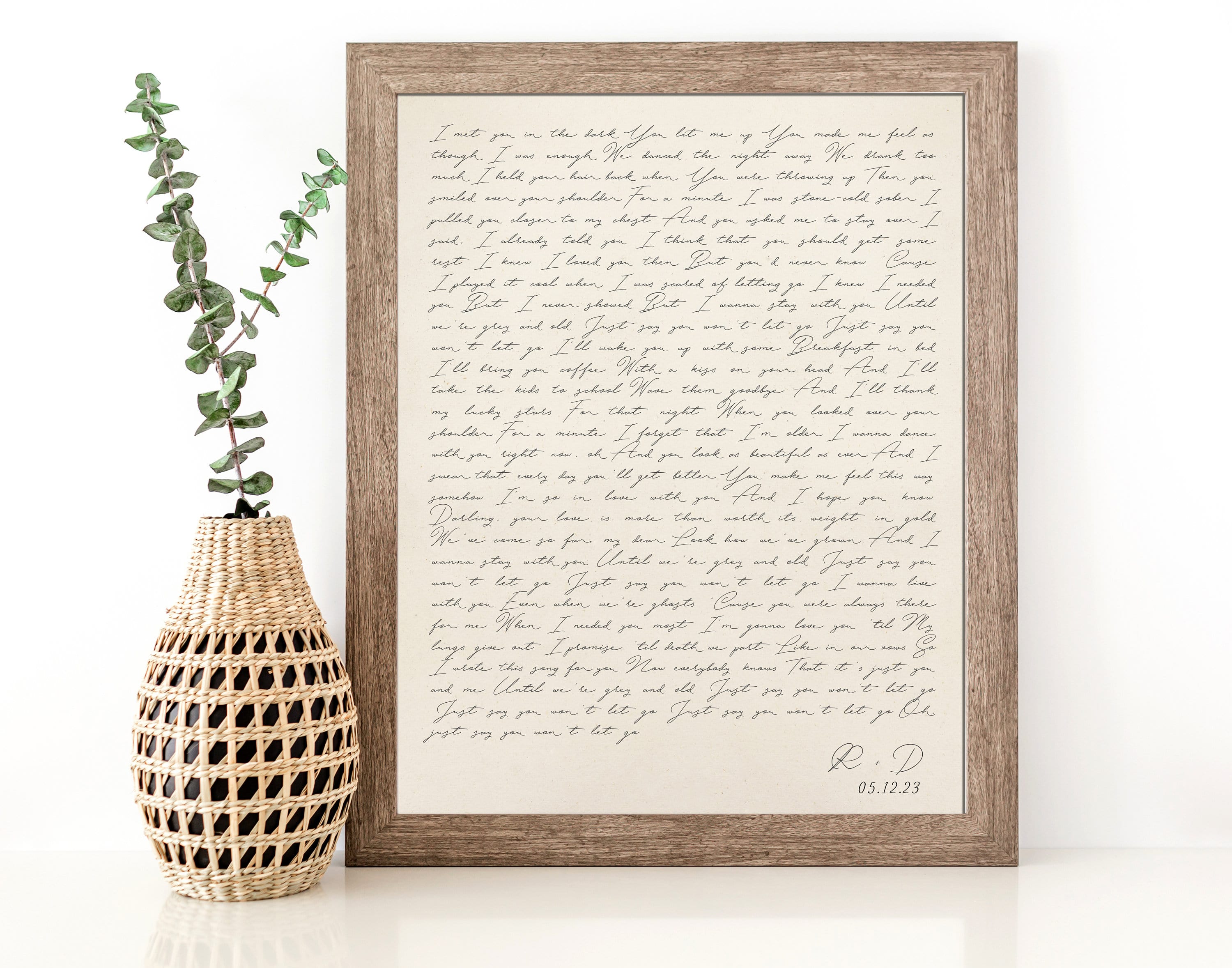 Custom wedding song lyrics wall art in handwritten style, perfect keepsake for couples
