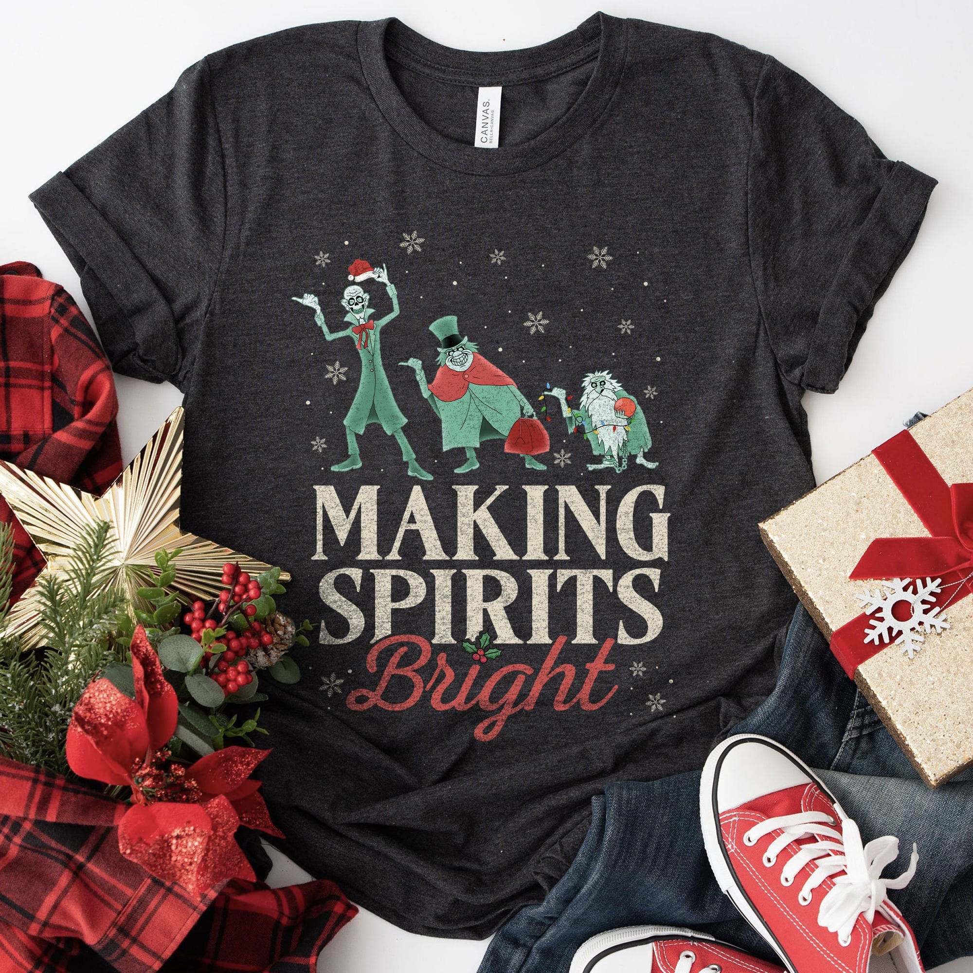 "Making Spirits Bright" Christmas t-shirt with festive ghost design
