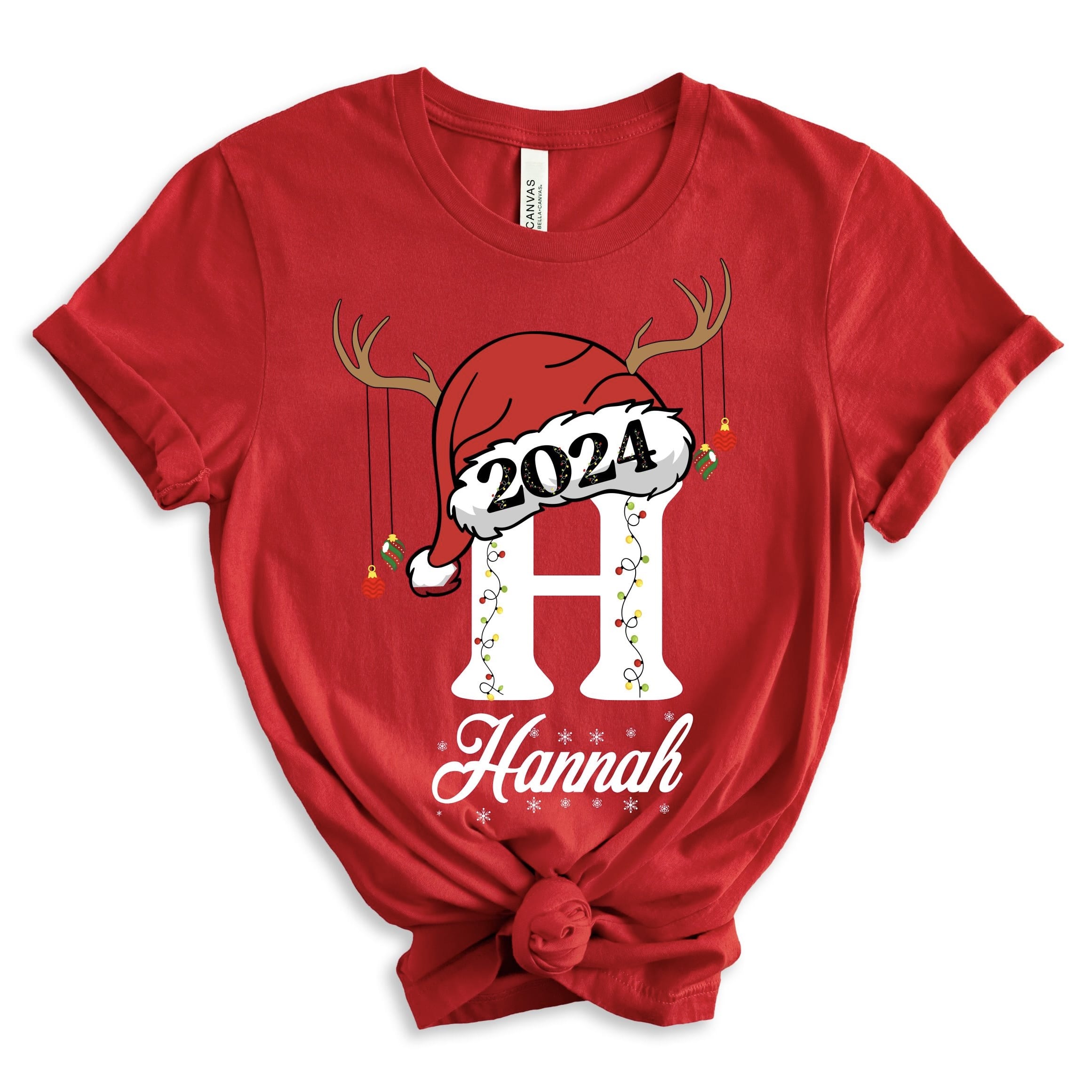 Christmas family pajama set with personalized names and reindeer design
