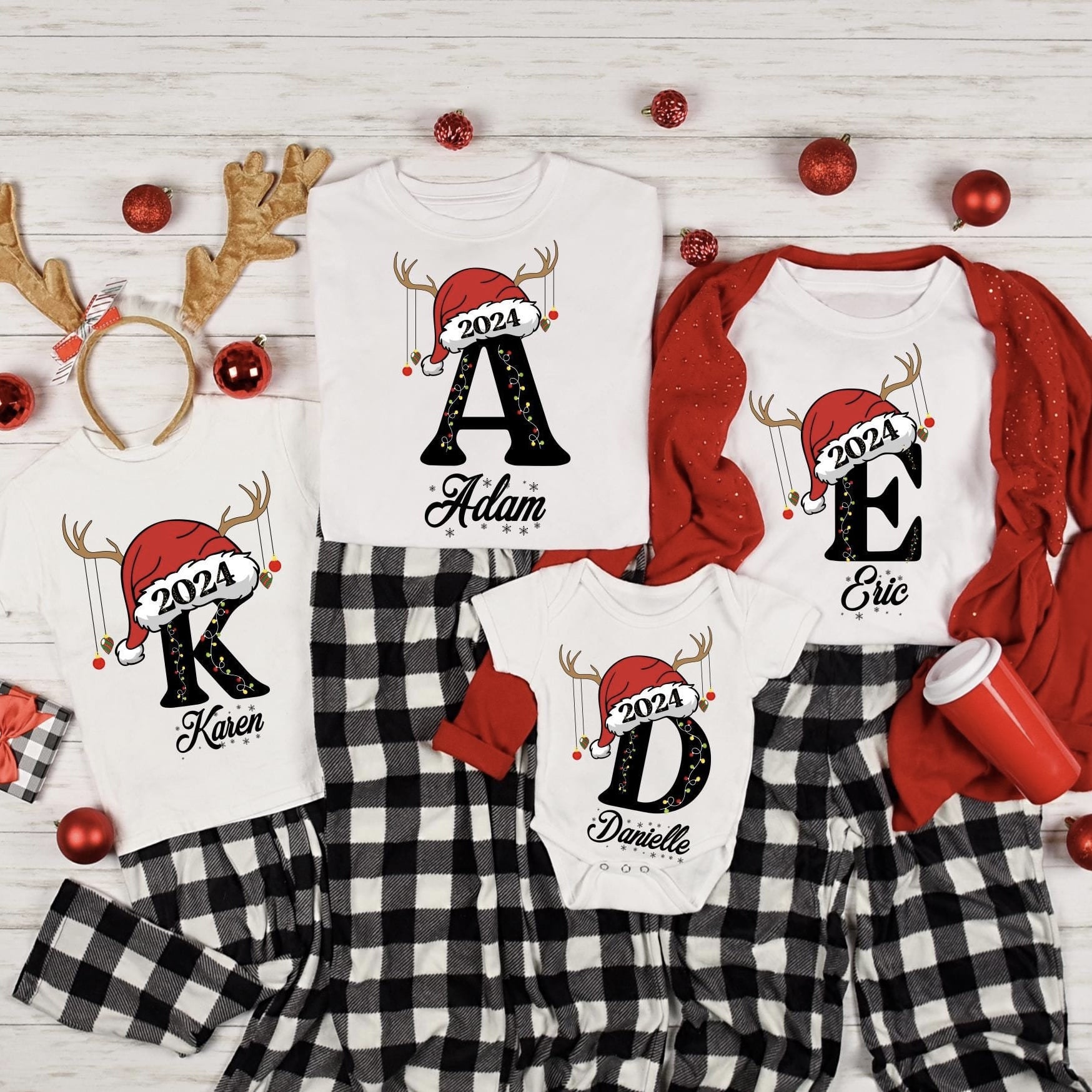 Personalized Christmas Family Pajama Shirts with Santa Hat