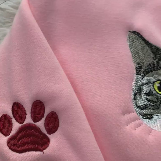 Custom embroidered hoodie with detailed cat portrait design for dog and cat enthusiasts