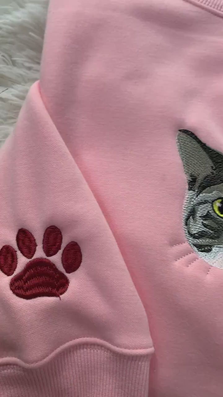 Custom embroidered hoodie with detailed cat portrait design for dog and cat enthusiasts