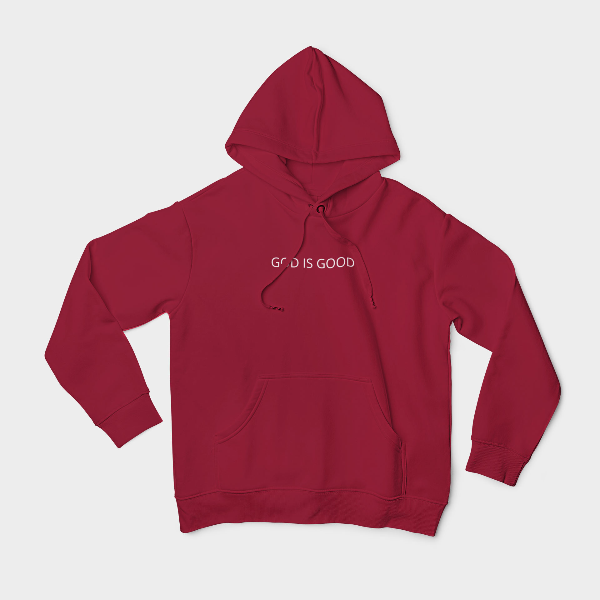 Red "God is Good" hoodie front view with a minimalist design.