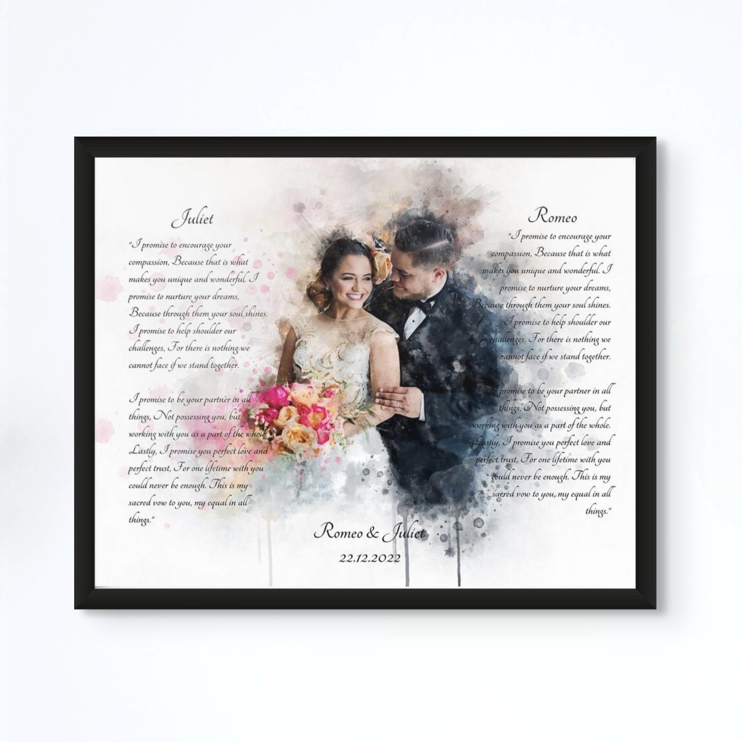 Custom wedding vows print with romantic watercolor design