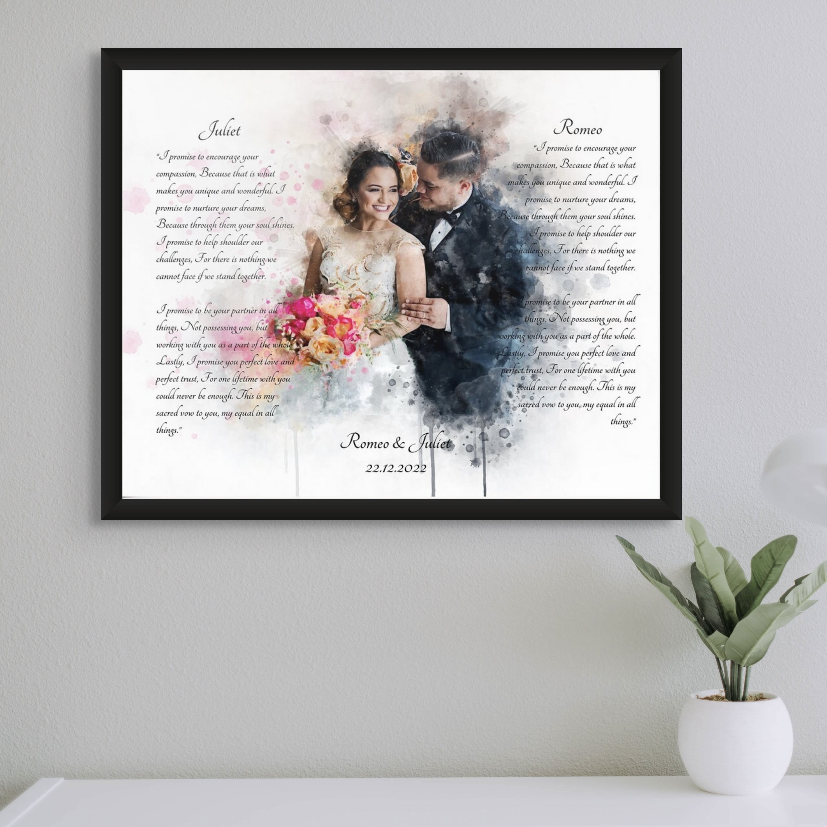 Custom wedding vows print with romantic watercolor design