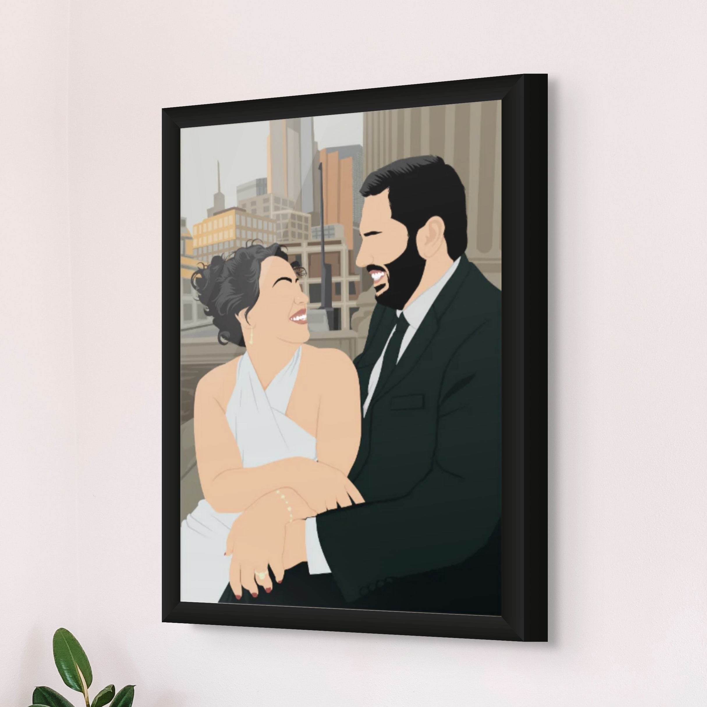 Personalized wedding art with bride and groom in formal wear