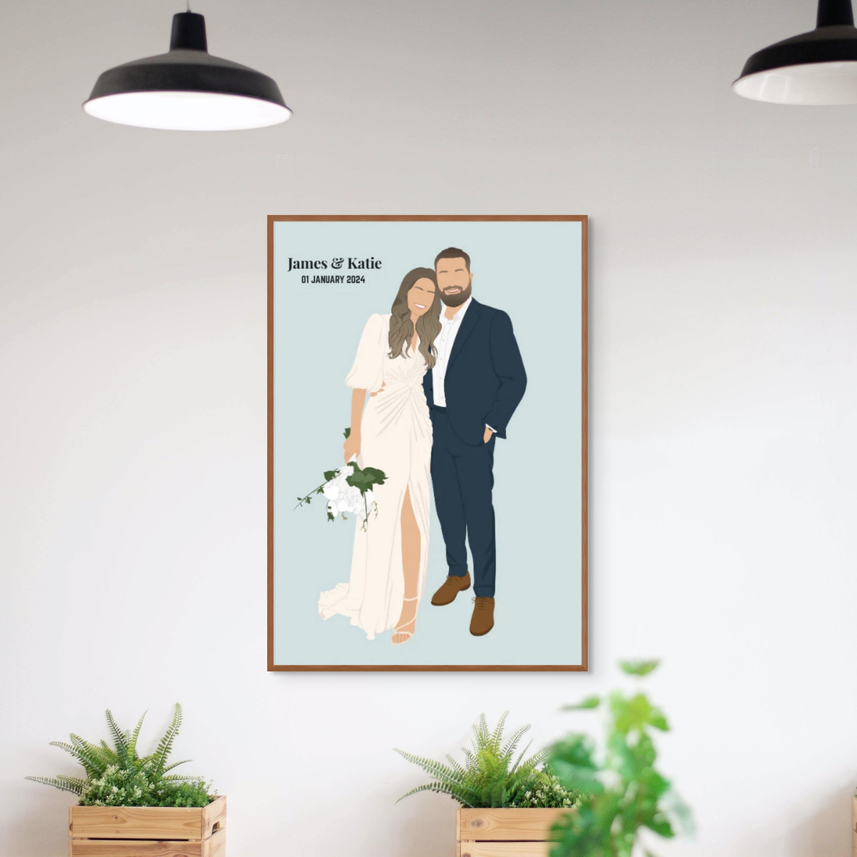 Custom wedding couple illustration with names and date