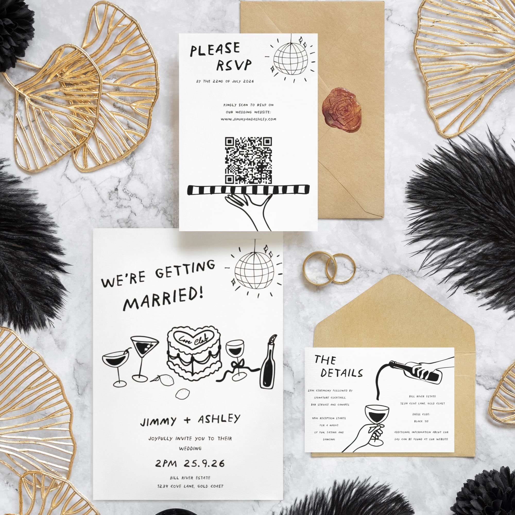 Modern wedding invitation with RSVP card featuring QR code