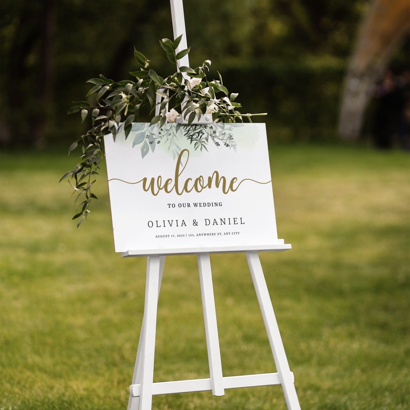 Wedding Welcome Sign Featuring Green Watercolor and Floral Design